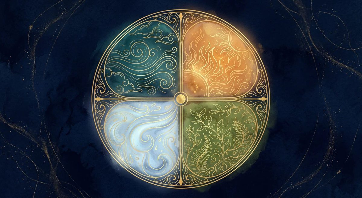 A circular emblem divided into four quadrants representing the fire, earth, air, and water moon signs.