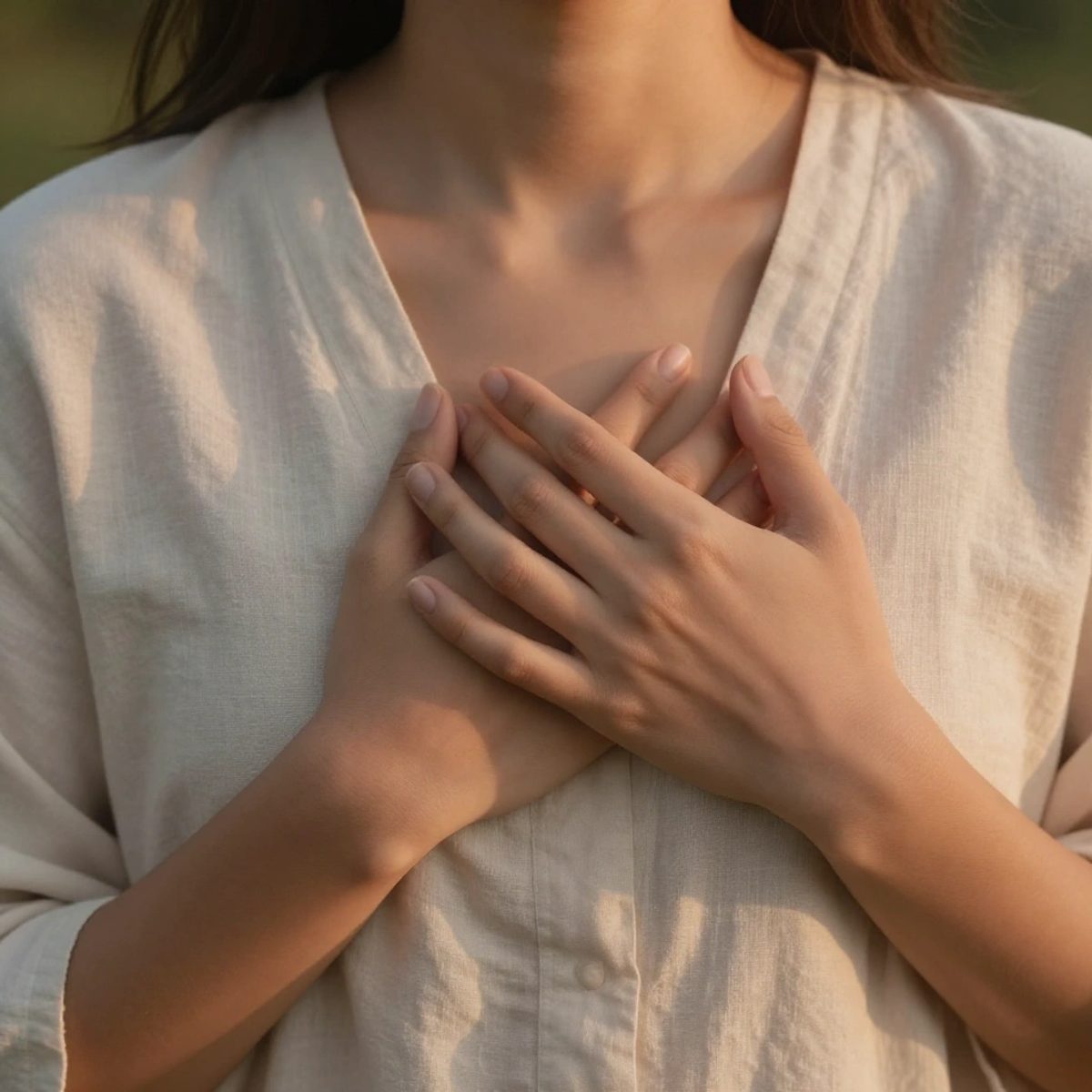 Hands gently placed over the heart center in a cream linen garment, bathed in warm sunset light.