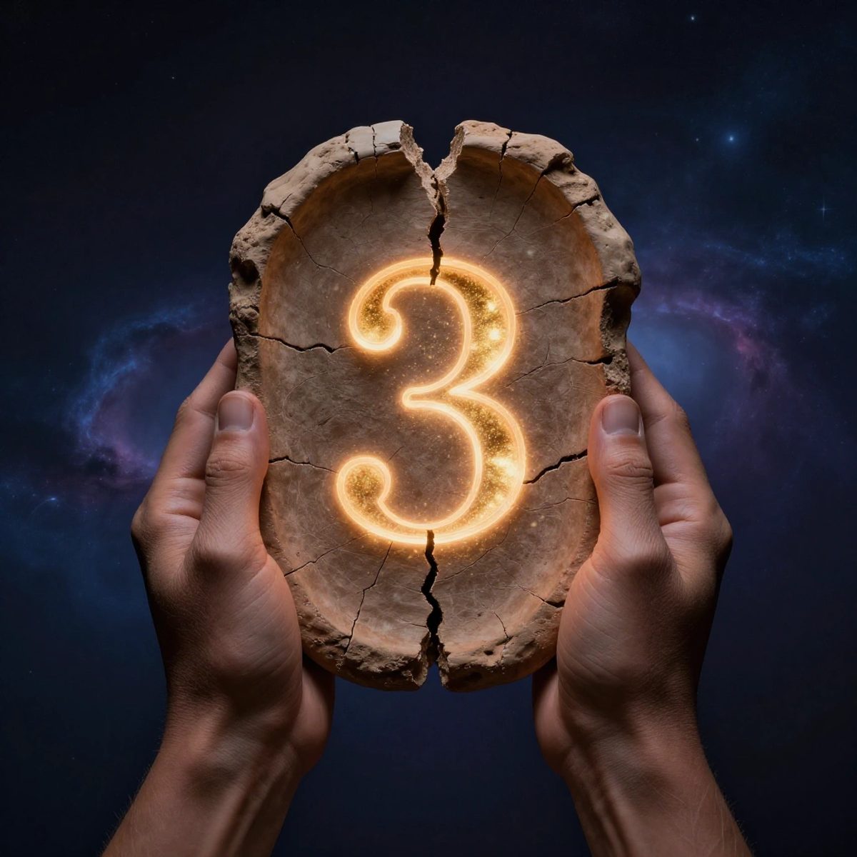 Ancient hands hold a cracked clay tablet with glowing numbers emerging as golden stardust against a deep cosmic indigo background.