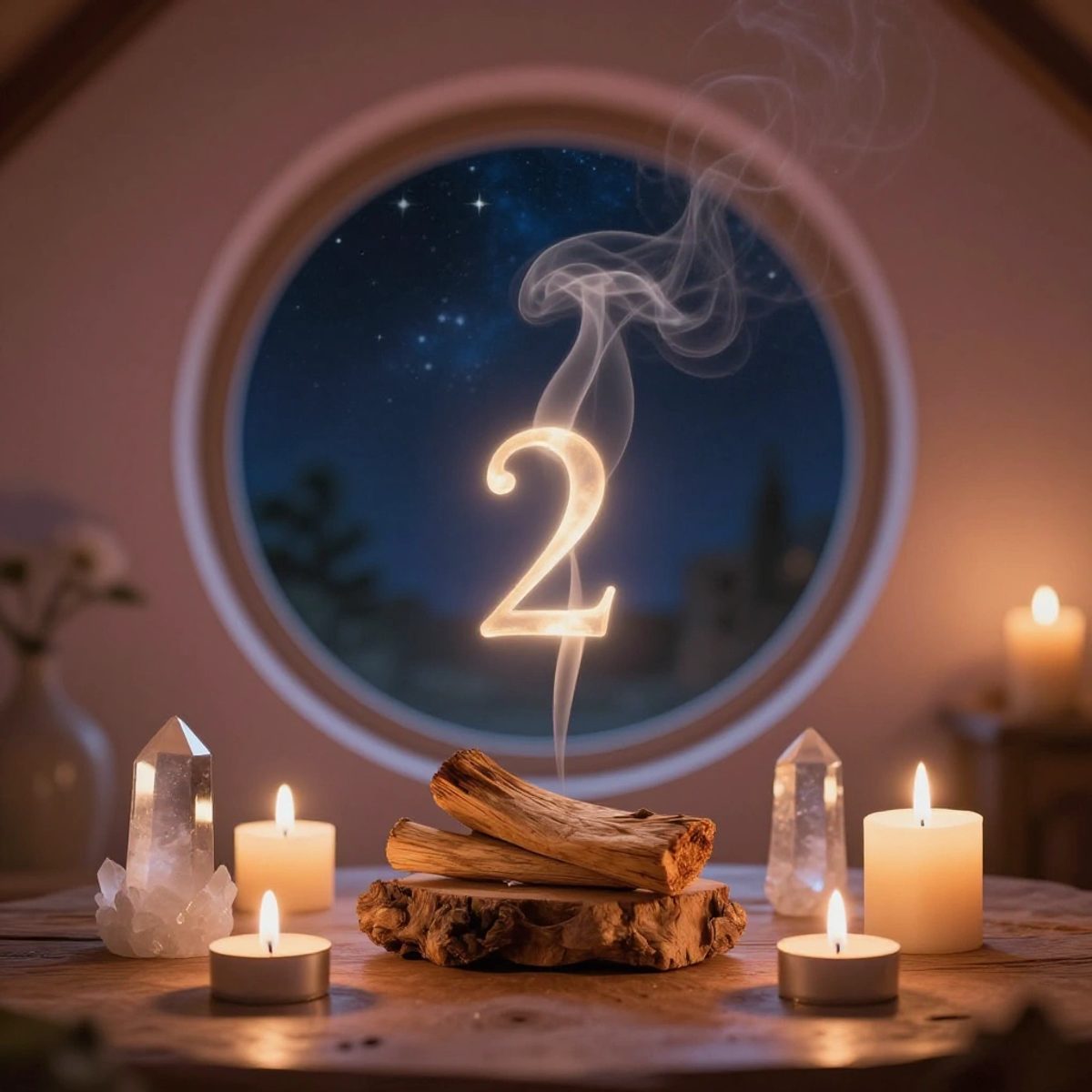 A warm spiritual altar with candles and crystals, palo santo smoke forming glowing numbers, with a starfield visible through a circular window.