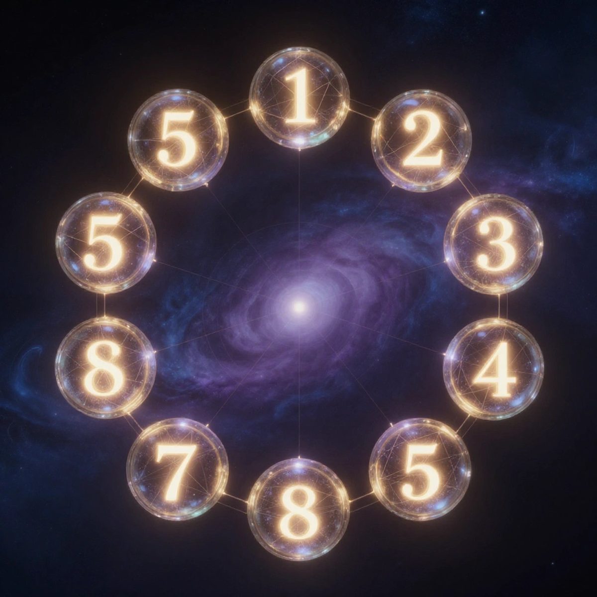 A sacred cosmic wheel of ten glowing crystal orbs in space, each containing a single illuminated digit from zero to nine.