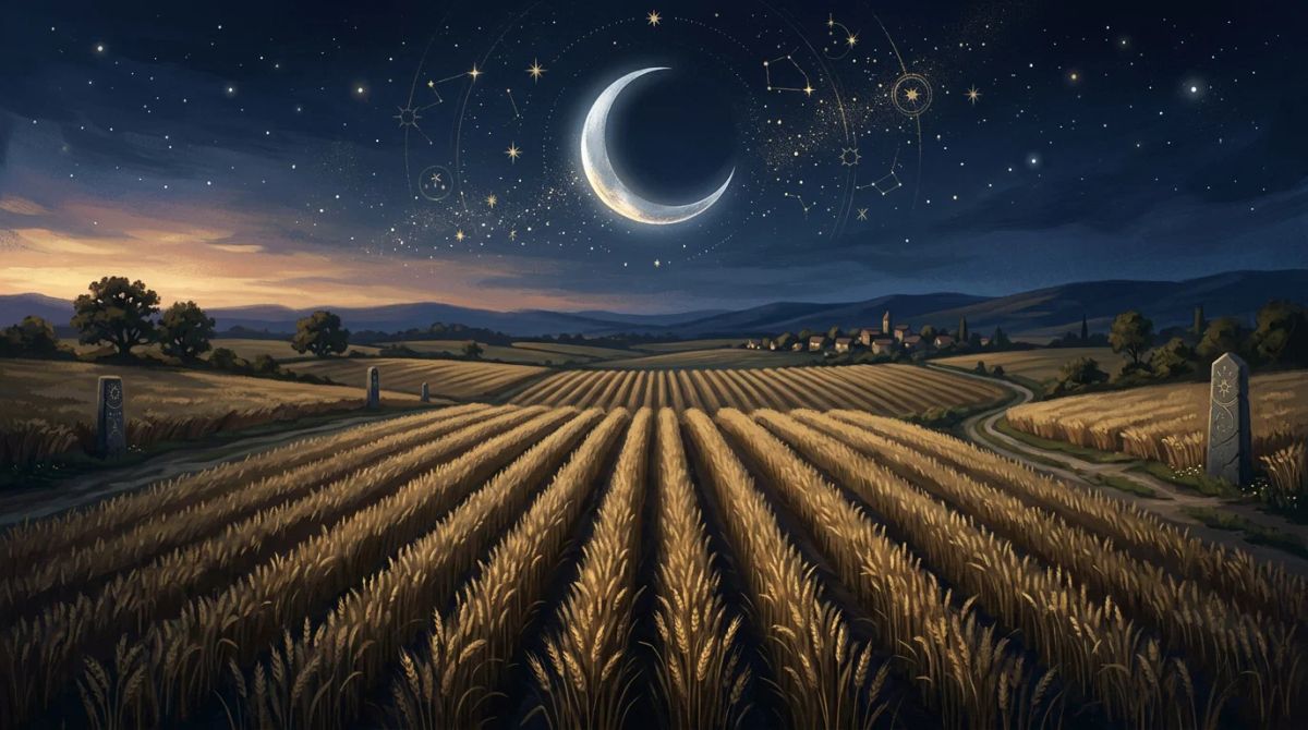 A golden crescent moon over a peaceful landscape representing the Taurus moon sign.