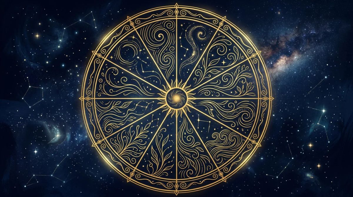 A birth chart wheel divided into twelve segments in gold on a navy background.