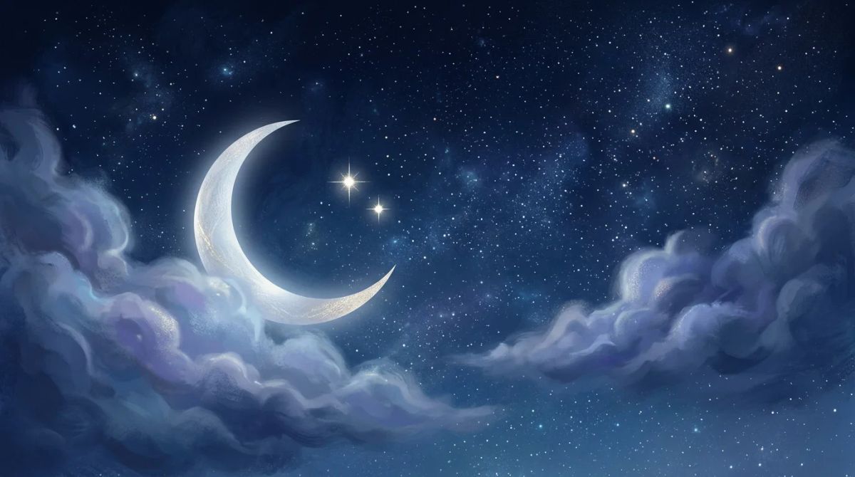 A silver crescent moon among clouds representing the Gemini moon sign.