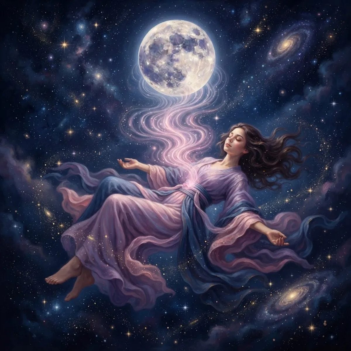 A serene figure floating in a starry cosmos, sending soft pink light toward a glowing moon symbolizing the emotional inner world