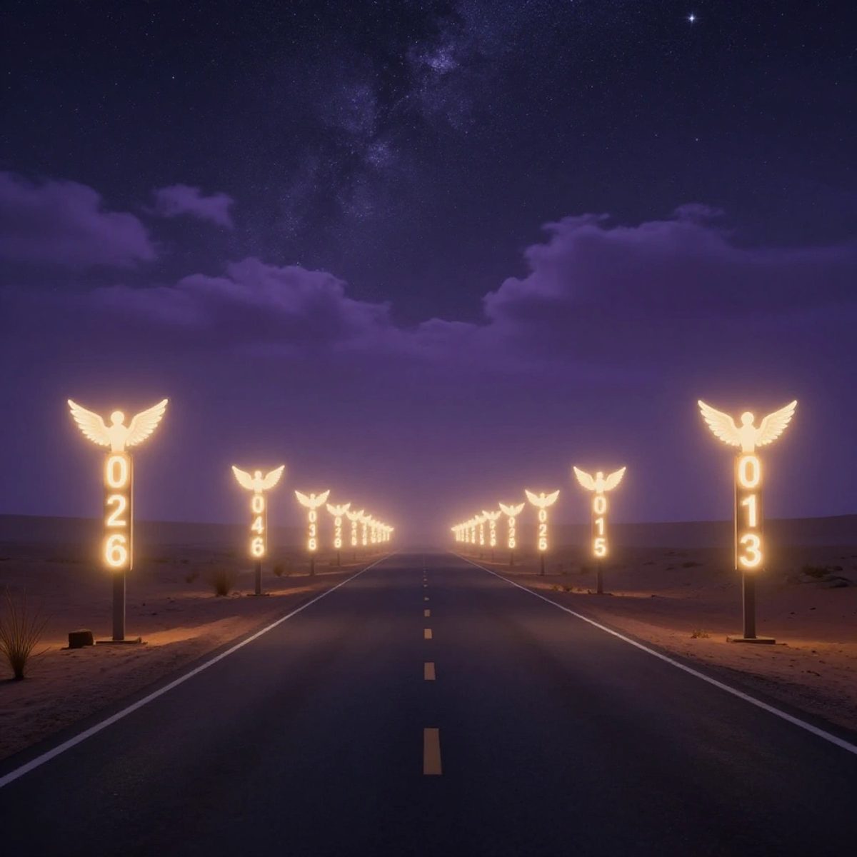 A mystical desert road stretches toward an infinite horizon with glowing mile-markers showing repeating angel numbers.