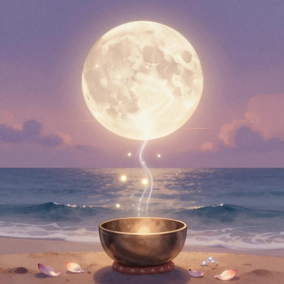 A full moon glows above the ocean, its light reaching a singing bowl on the beach.