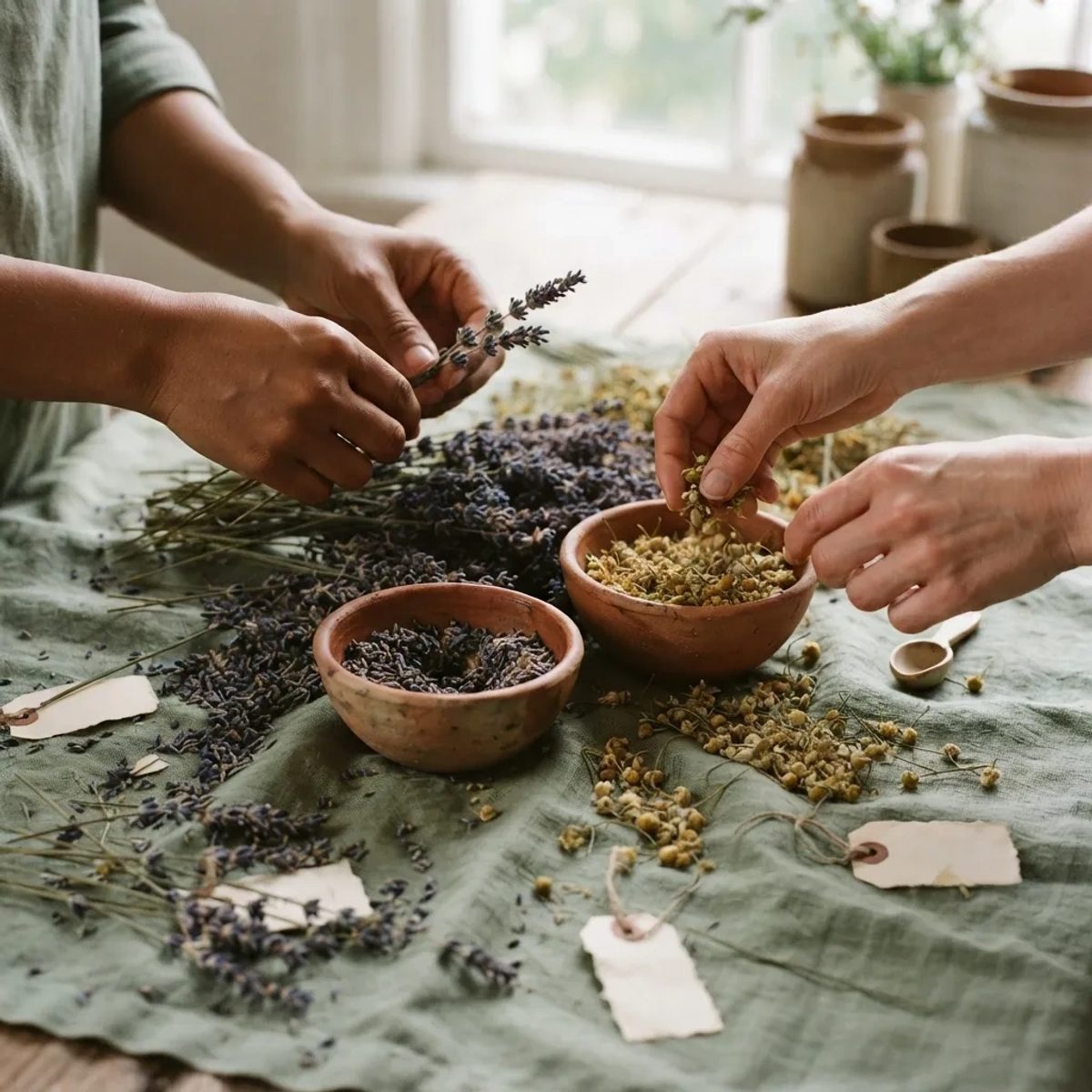 Diverse hands carefully sort dried herbs into terracotta bowls, representing Virgo season themes of craft and sustainable routine.