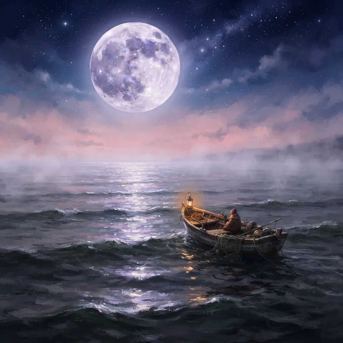 A peaceful night ocean with a small boat drifting under a large lavender moon, representing trusting inner tides