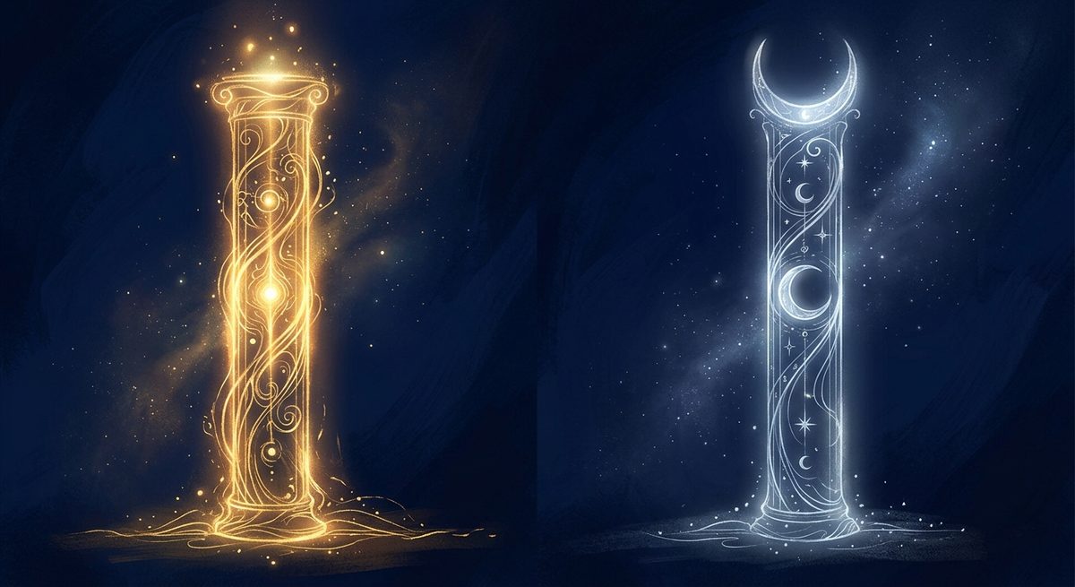 Two glowing pillars, one golden and one silver, representing the sun sign as core identity and the moon sign as the emotional inner world.