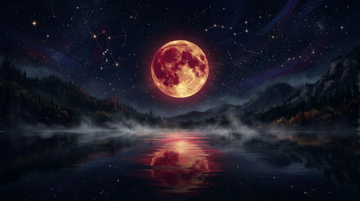 A dark, intense moon over still water representing the Scorpio moon sign.