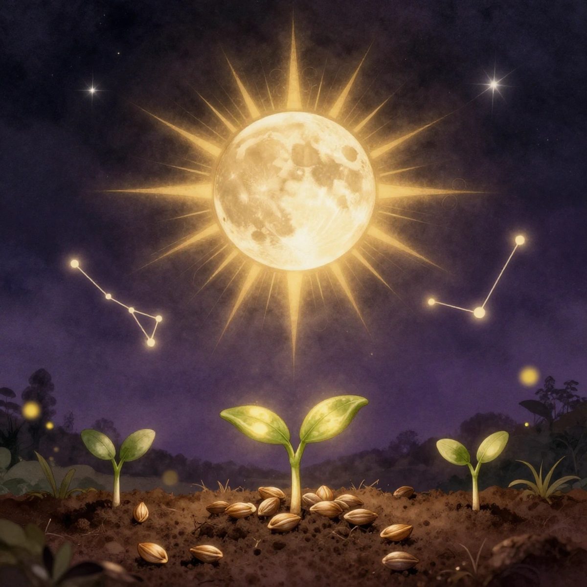 The moon and sun illuminate young seedlings growing from soil under a starry sky.