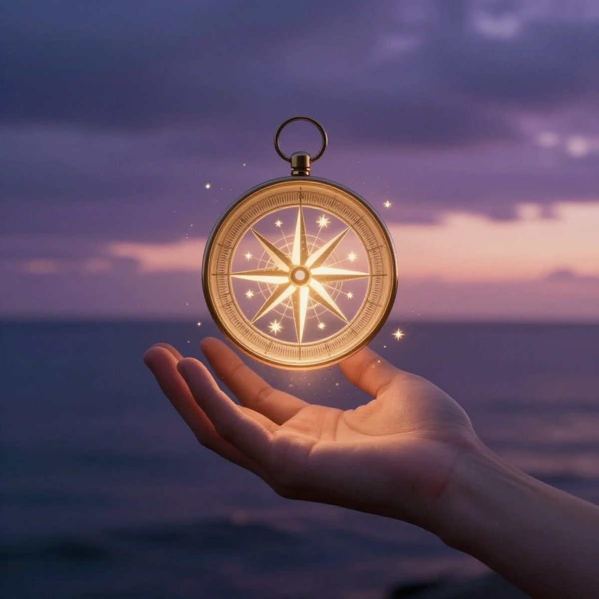 An open palm holds a glowing celestial compass of stars above a vast cosmic ocean at dawn.