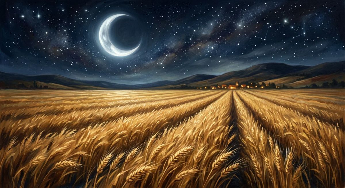 A silver crescent moon over an orderly field representing the Virgo moon sign.