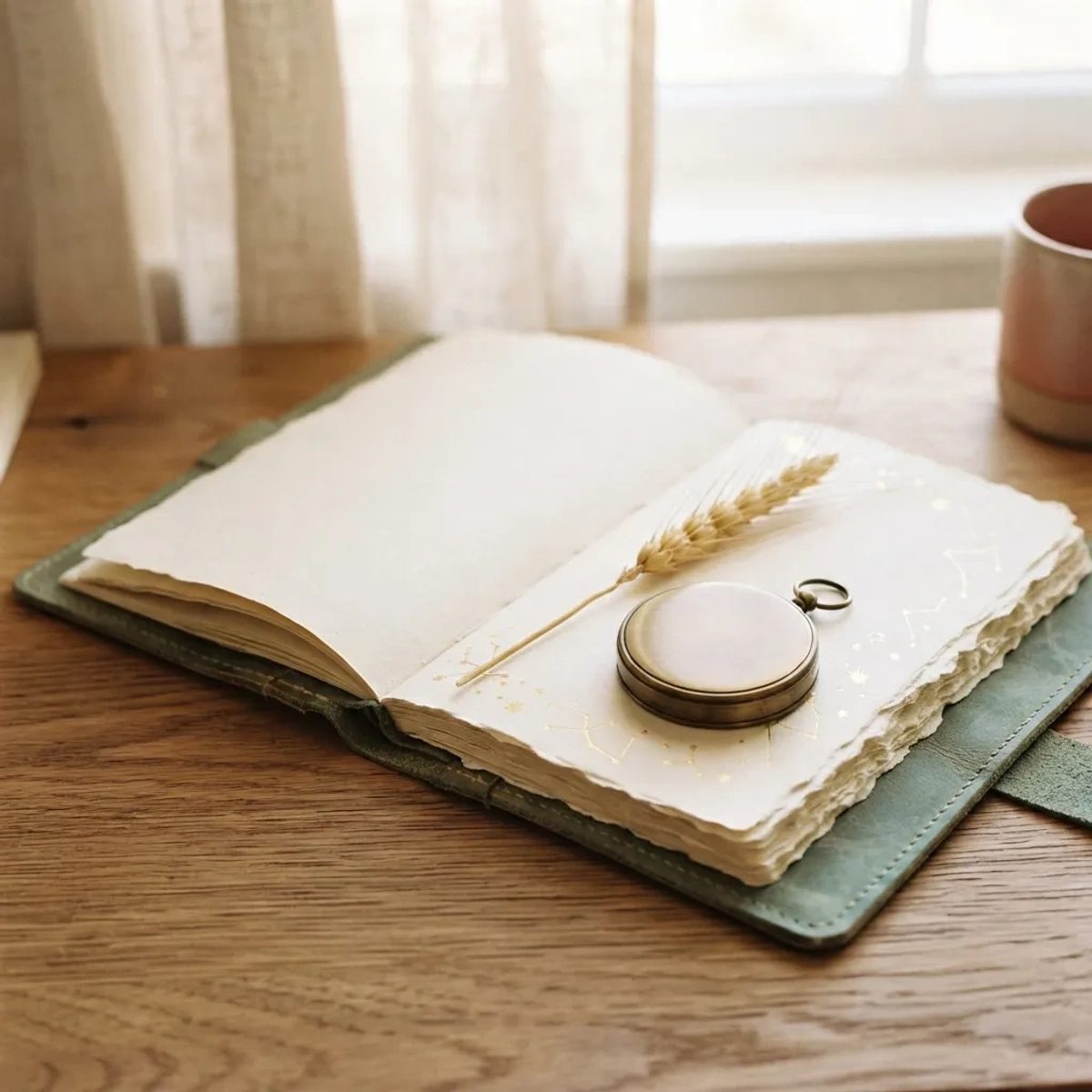 A brass celestial compass and wheat sprig rest on an open planner in soft morning light, symbolizing the Virgo season threshold.