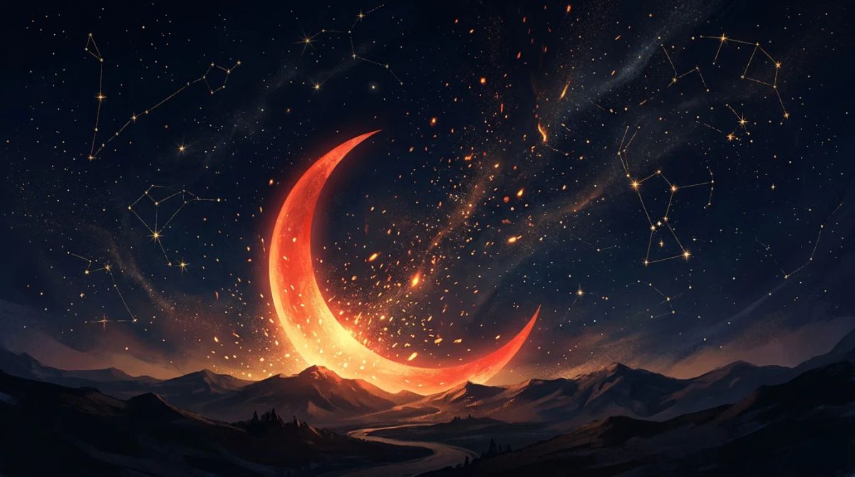 A fiery crescent moon representing the Aries moon sign in astrology.