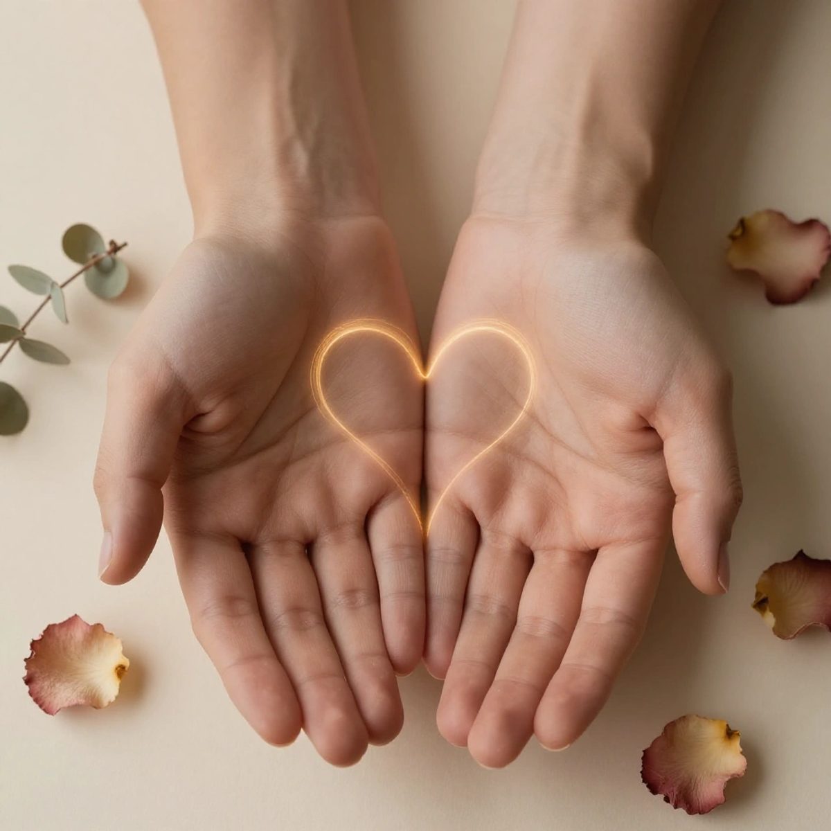 Open palms cupped upward with a subtle golden glow tracing the heart line, surrounded by dried botanicals in warm earthy tones.