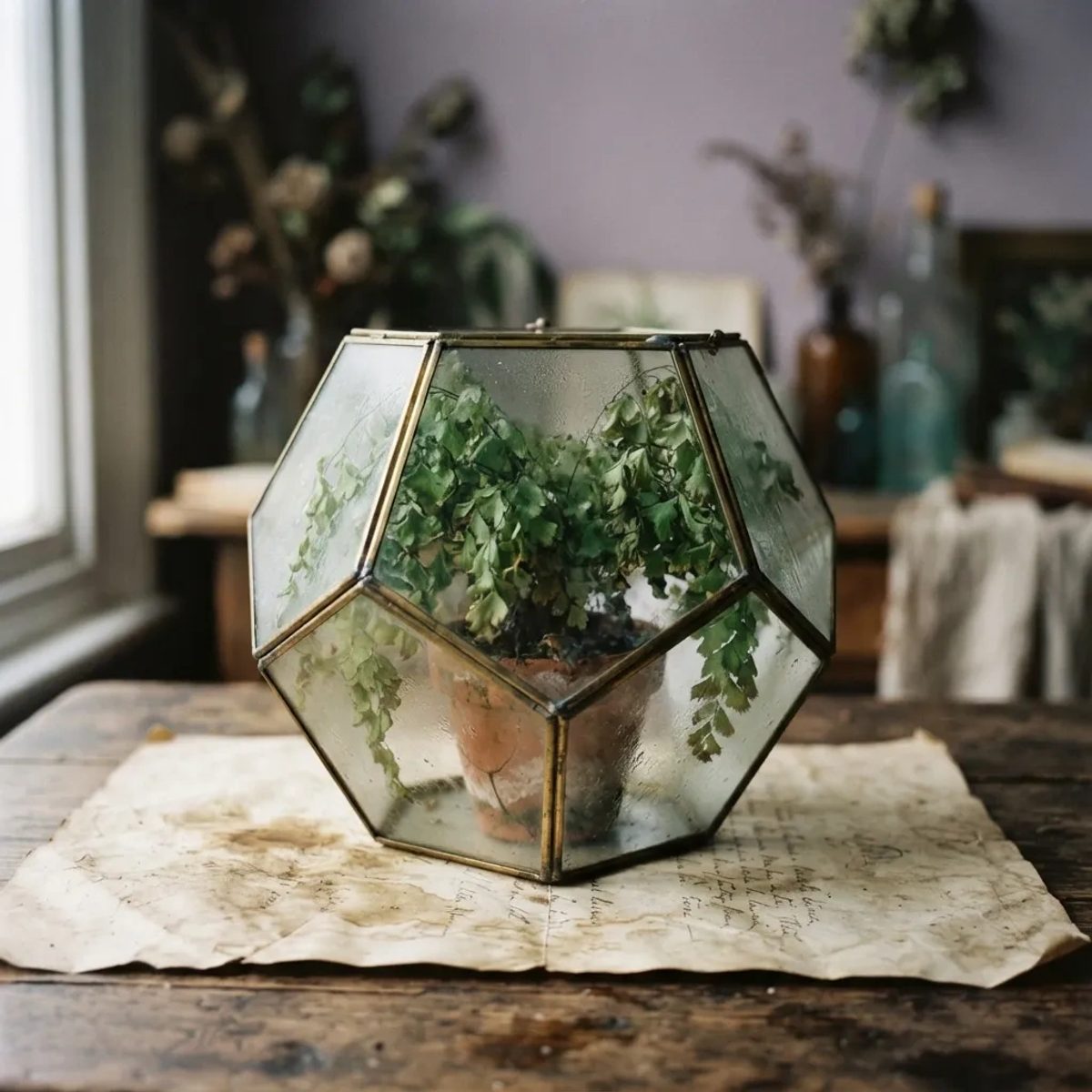 A wilting fern presses against the rigid glass of a geometric terrarium, illustrating Virgo's shadow of perfectionism and control.