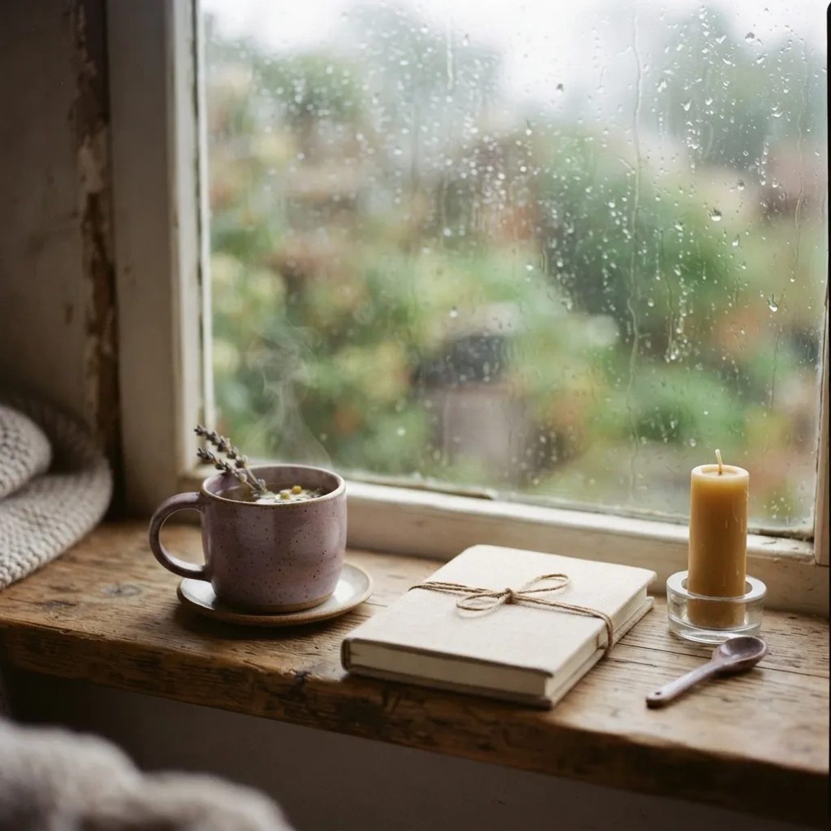 A mug of tea, linen journal, and candle sit on a wooden windowsill in soft morning fog light for Virgo season reflection.