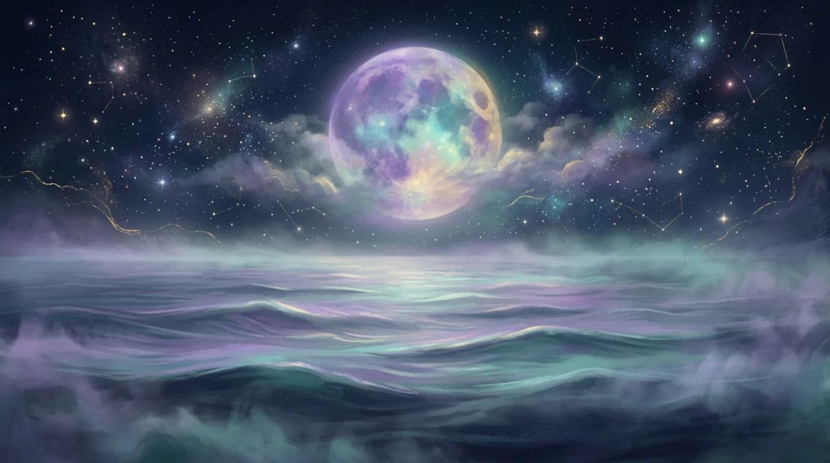 A hazy moon over a misty ocean representing the Pisces moon sign.