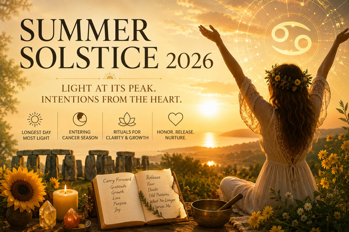 Golden sunrise over Stonehenge with a woman raising her arms beneath the Cancer zodiac symbol, representing the spiritual energy of the Summer Solstice 2026.