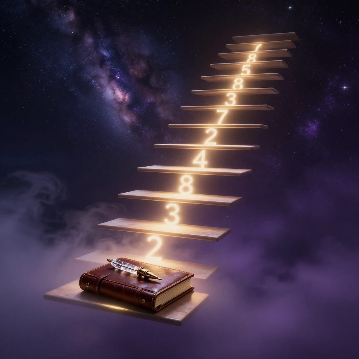 A glowing ethereal staircase ascends into a starry cosmos with illuminated digits on each step and a journal at its base.
