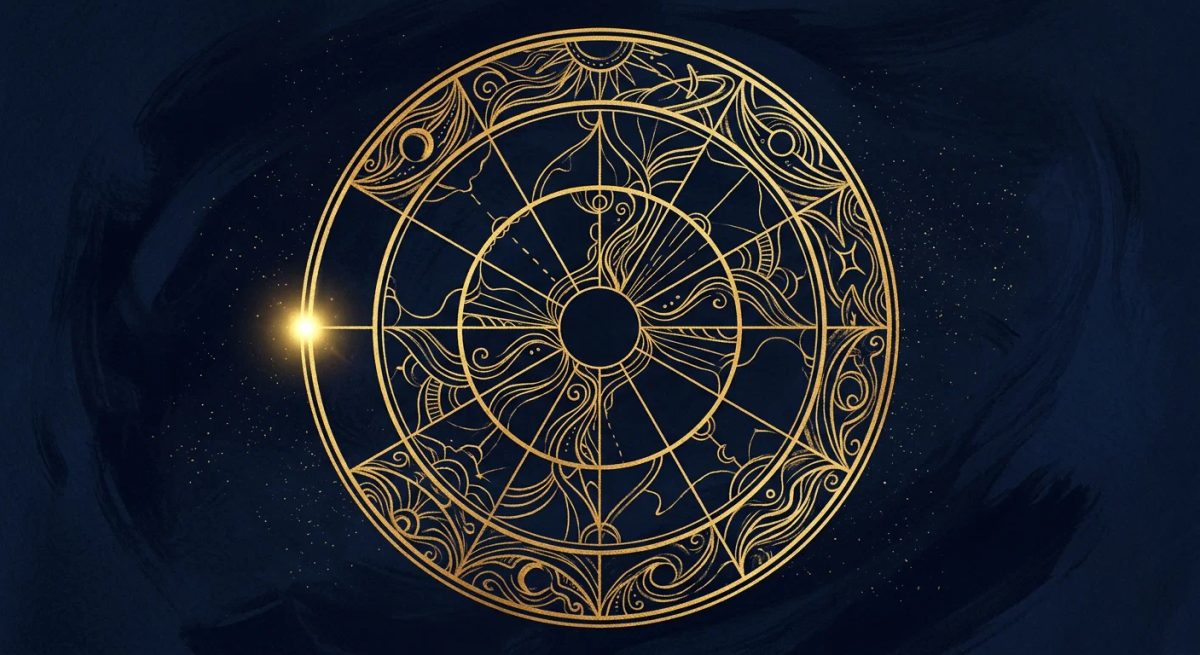 A birth chart wheel with a single point on the left highlighted, representing the ascendant or rising sign.