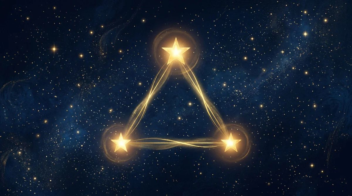 Three glowing stars connected by a gold line representing the sun, moon, and rising signs in astrology.