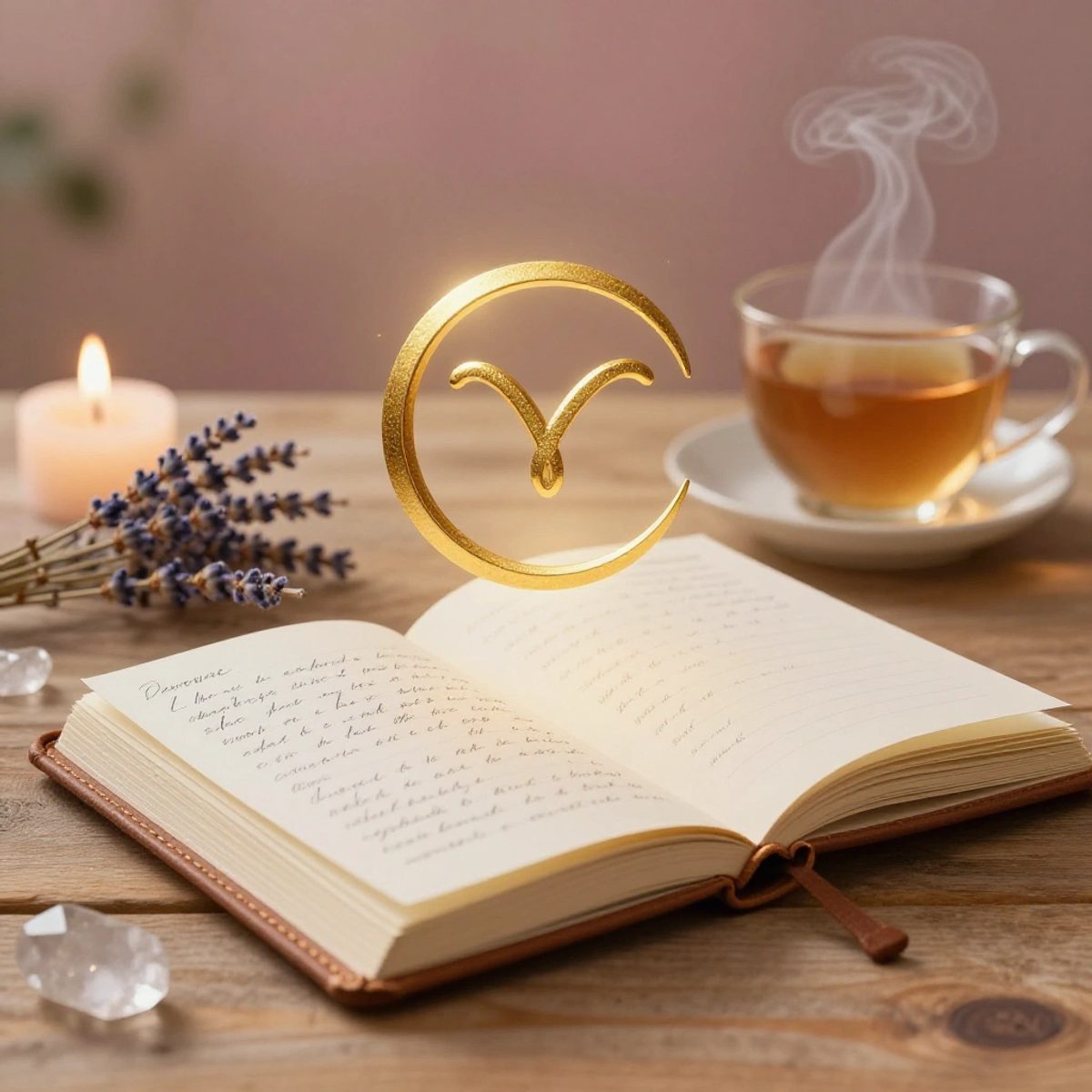 A golden Aries zodiac sign rests on an open journal beside tea and a lit candle.