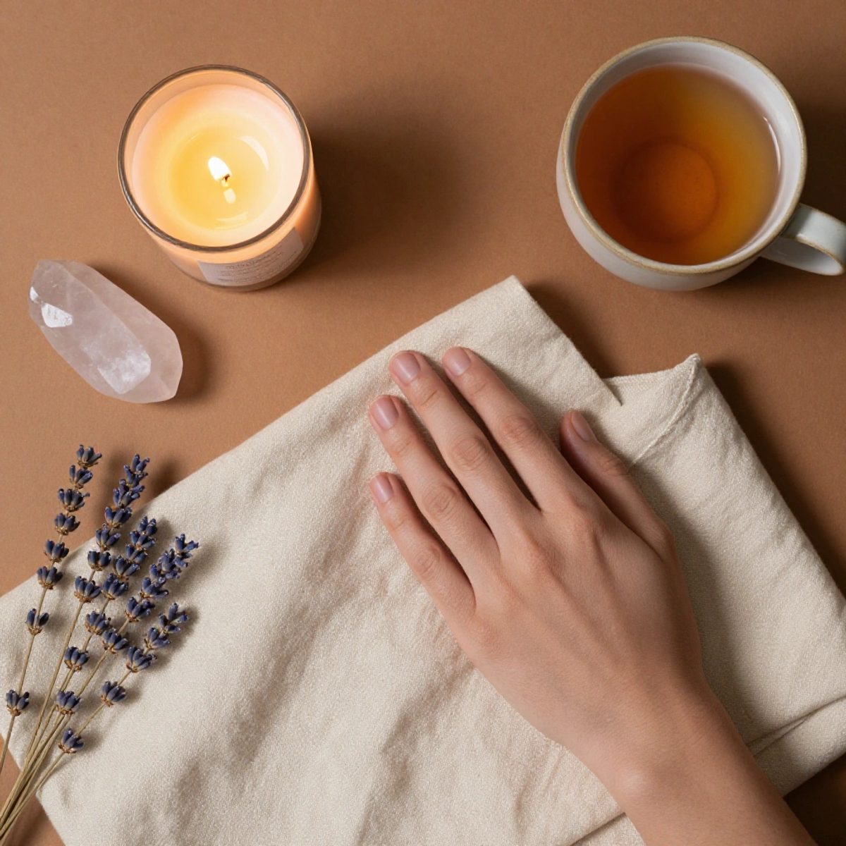 An overhead flat lay of a calming self-care ritual: a hand resting on a cream linen cloth beside a lit candle, a clear quartz crystal, dried lavender, and a mug of tea.