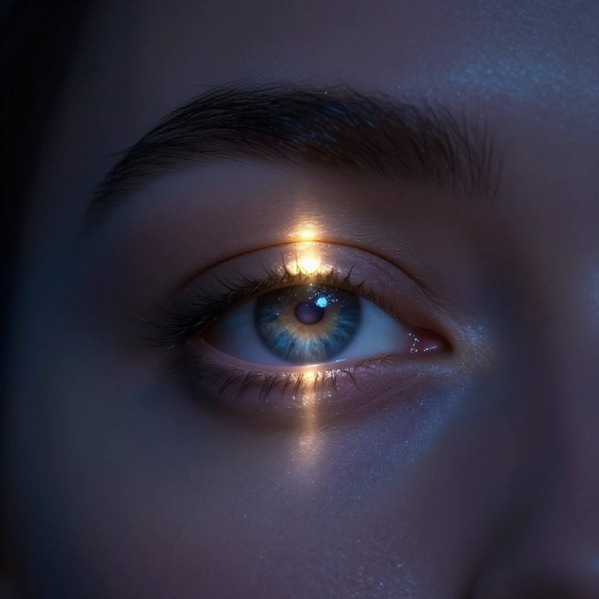 Close-up of a human eye in a gentle wink, reflecting a galaxy with golden light escaping from the closed lid against a deep indigo cosmic background.