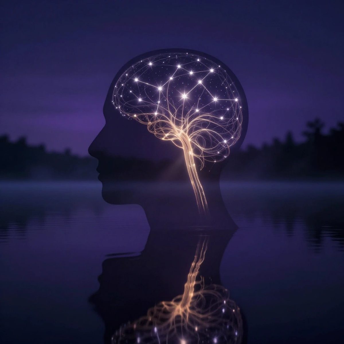 Silhouette of a human head in profile with neural pathways merging into star constellations, reflected in a still dark lake.