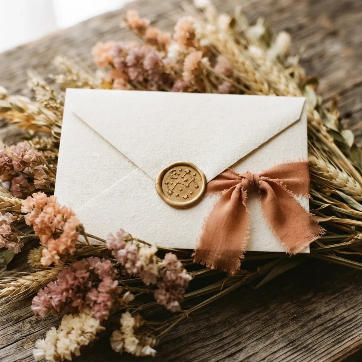 A cream envelope with a gold constellation wax seal and dried wheat awaits opening, representing the weekly sky dispatch.