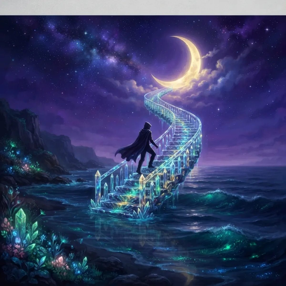A silhouette climbing glowing crystal stairs from ocean waves toward a crescent moon, symbolizing personal growth
