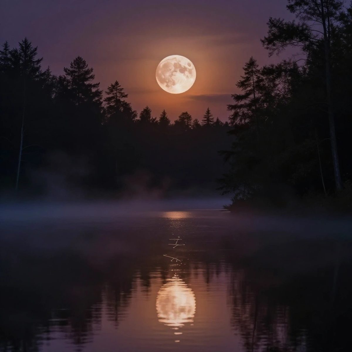 A full moon shines over a calm, misty lake reflecting the night sky and trees.