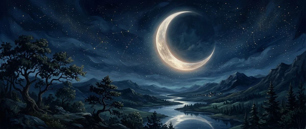 A silver crescent moon in a starry night sky representing moon sign meanings in astrology.