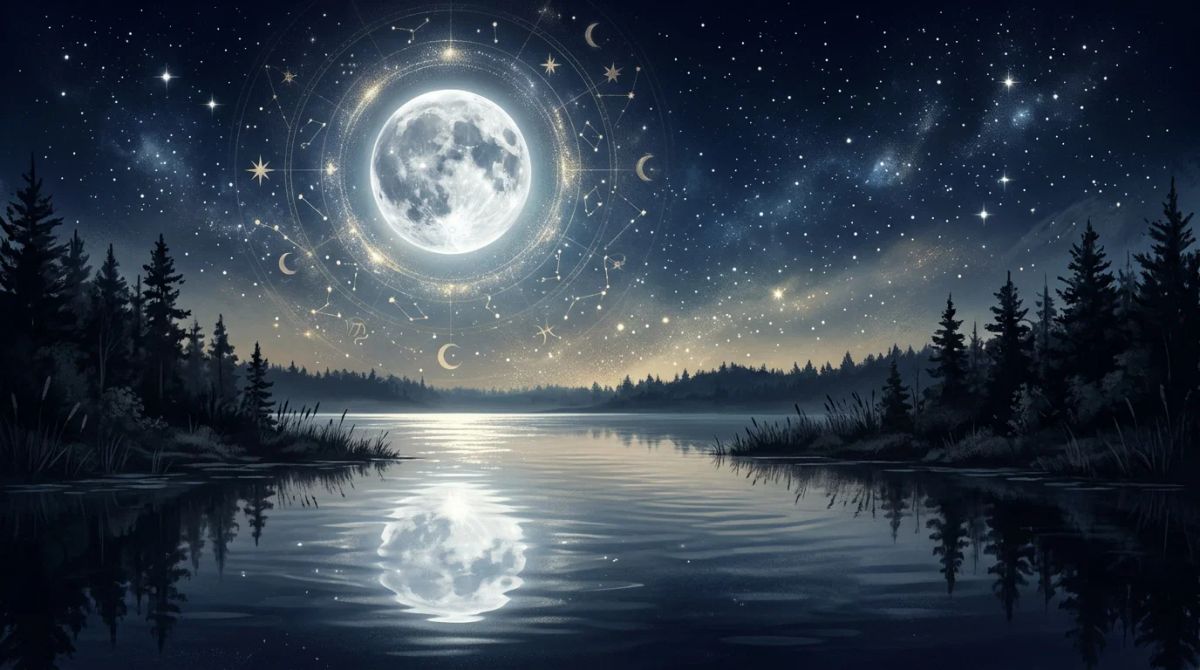 A full moon reflected on water representing the Cancer moon sign.