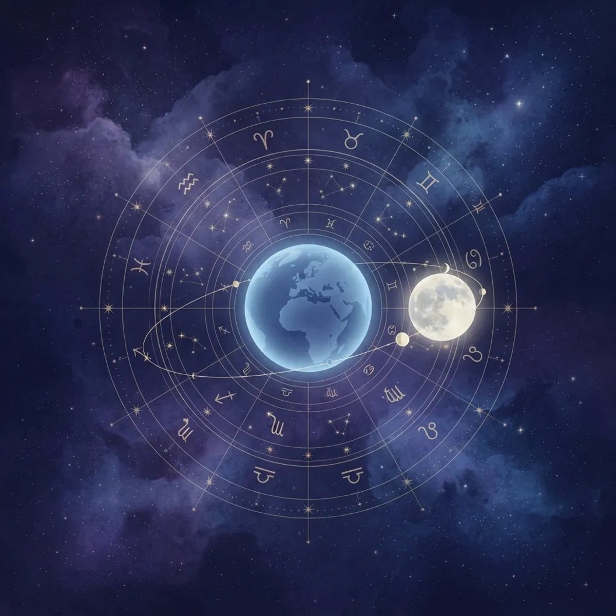 A mystical astronomical diagram showing the moon orbiting Earth surrounded by a faint golden zodiac wheel