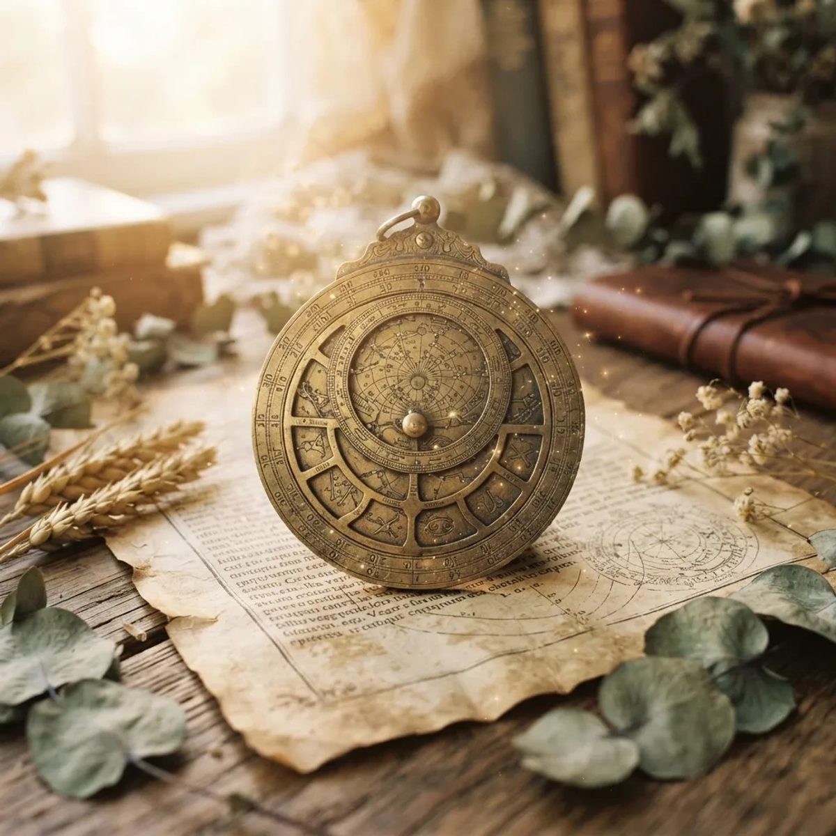 A vintage brass astrolabe surrounded by dried wheat and eucalyptus glows in golden hour light, inviting chart exploration.