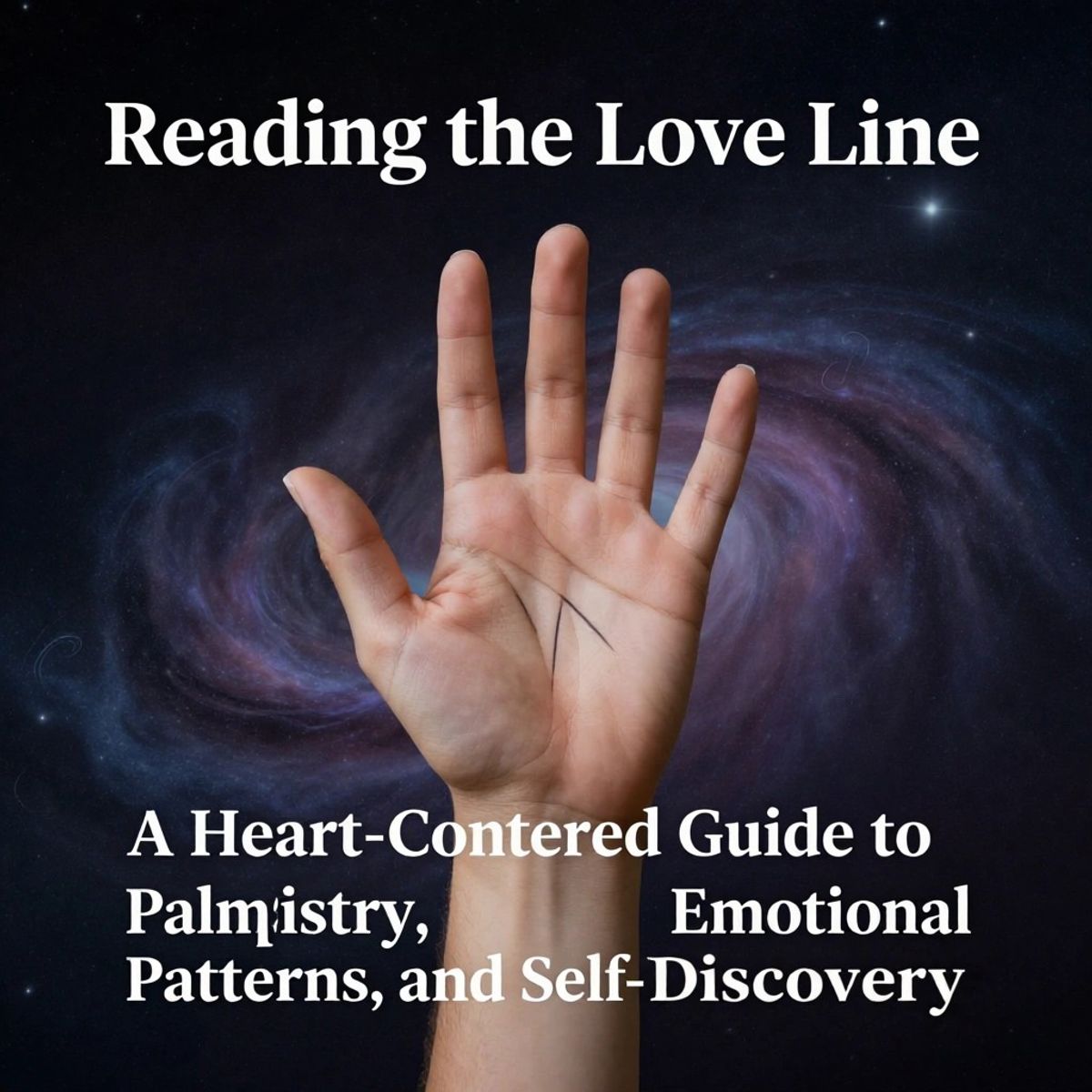 A right hand with the palm facing forward, glowing against a dark starry nebula in deep purple and indigo, symbolizing the cosmic connection explored in this palmistry guide to the love line.