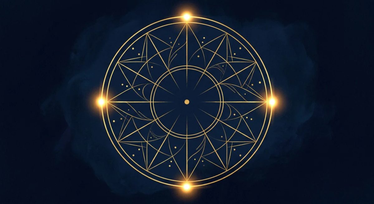 Twelve glowing golden orbs arranged in a circle, with four highlighted, representing the twelve houses and four angles of a birth chart.