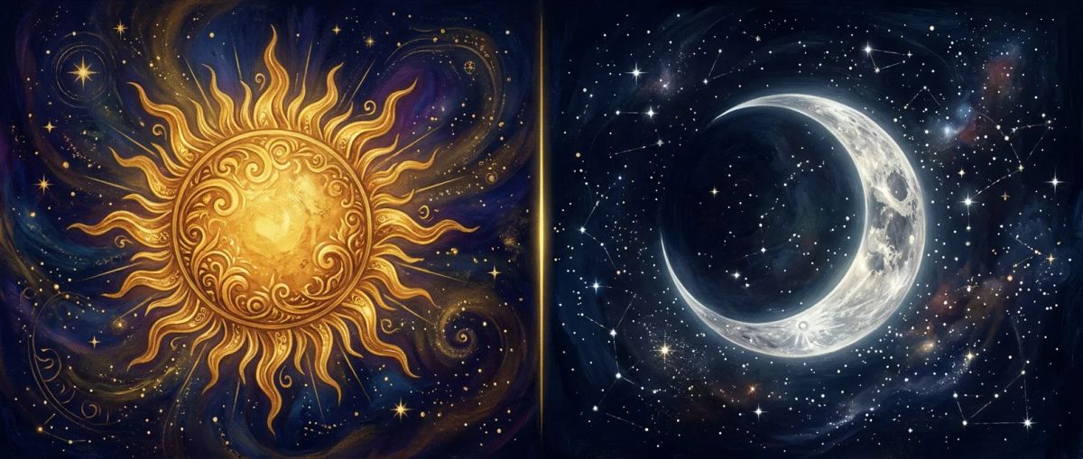 A golden sun and a silver crescent moon side by side representing sun sign versus moon sign in astrology.