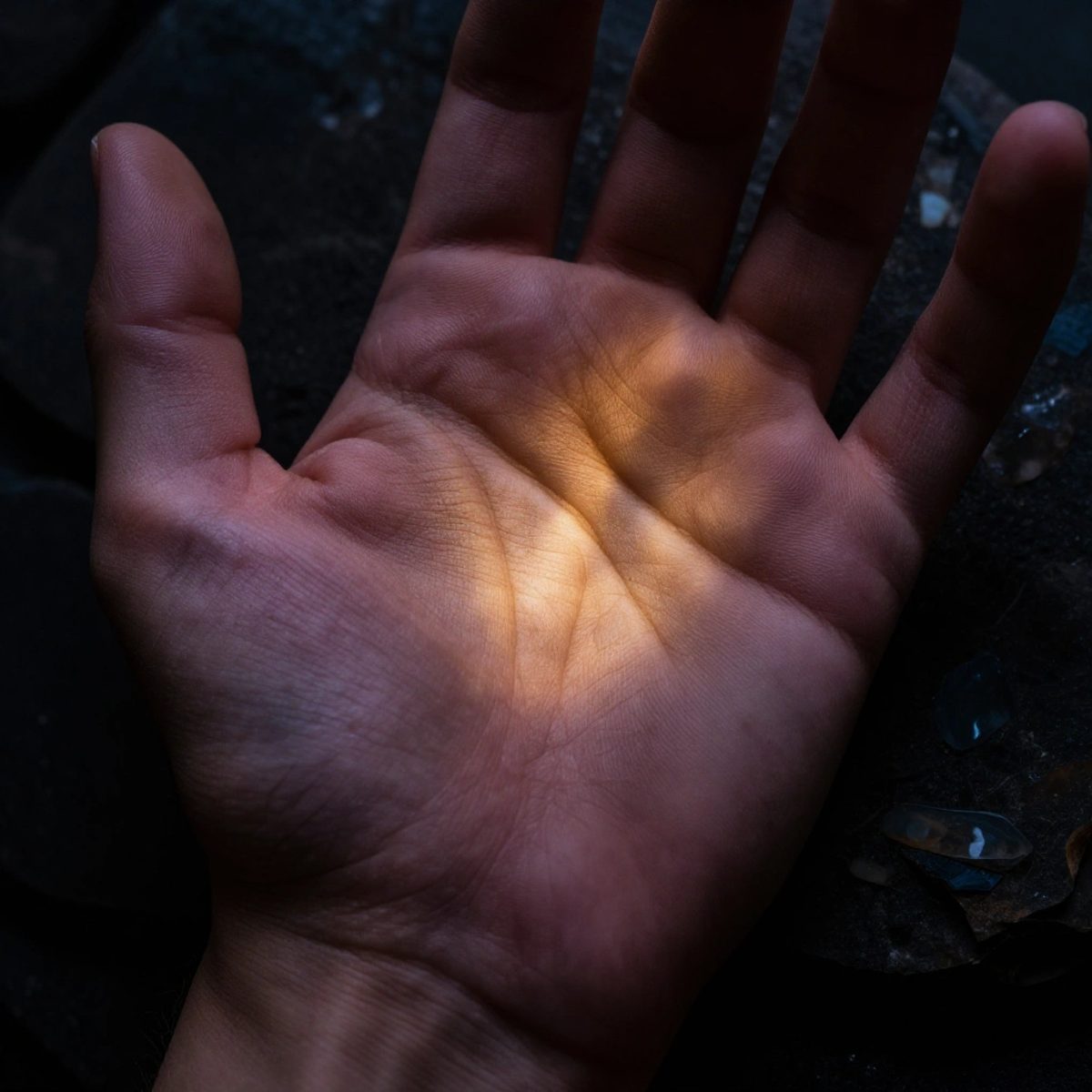 A dramatically lit palm showing a rare double heart line against a deep plum and gold backdrop.