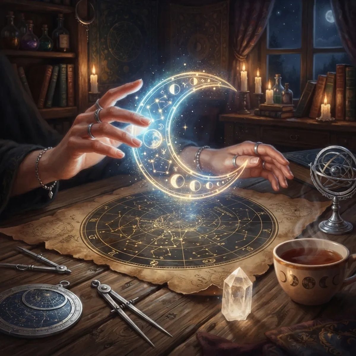 Hands reaching toward a glowing holographic moon over an ancient star map, representing moon sign calculation