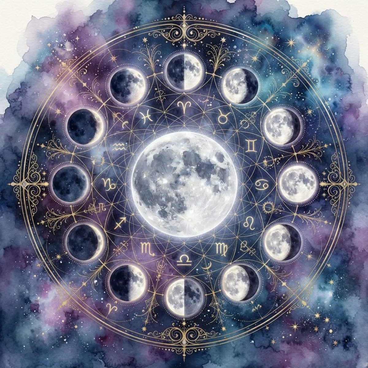A symmetrical mandala of twelve glowing moon phases and zodiac symbols surrounding a central silver moon