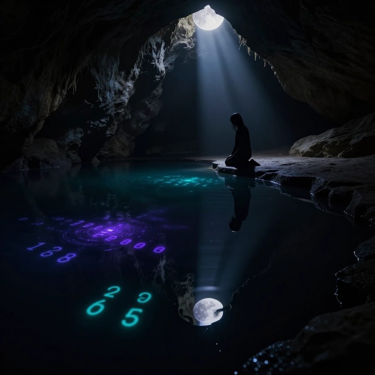A dark cave pool with bioluminescent numbers glowing beneath the surface, a kneeling figure reflected in the water under a shaft of moonlight.