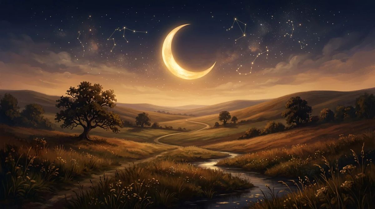 A crescent moon over an open horizon representing the Sagittarius moon sign.