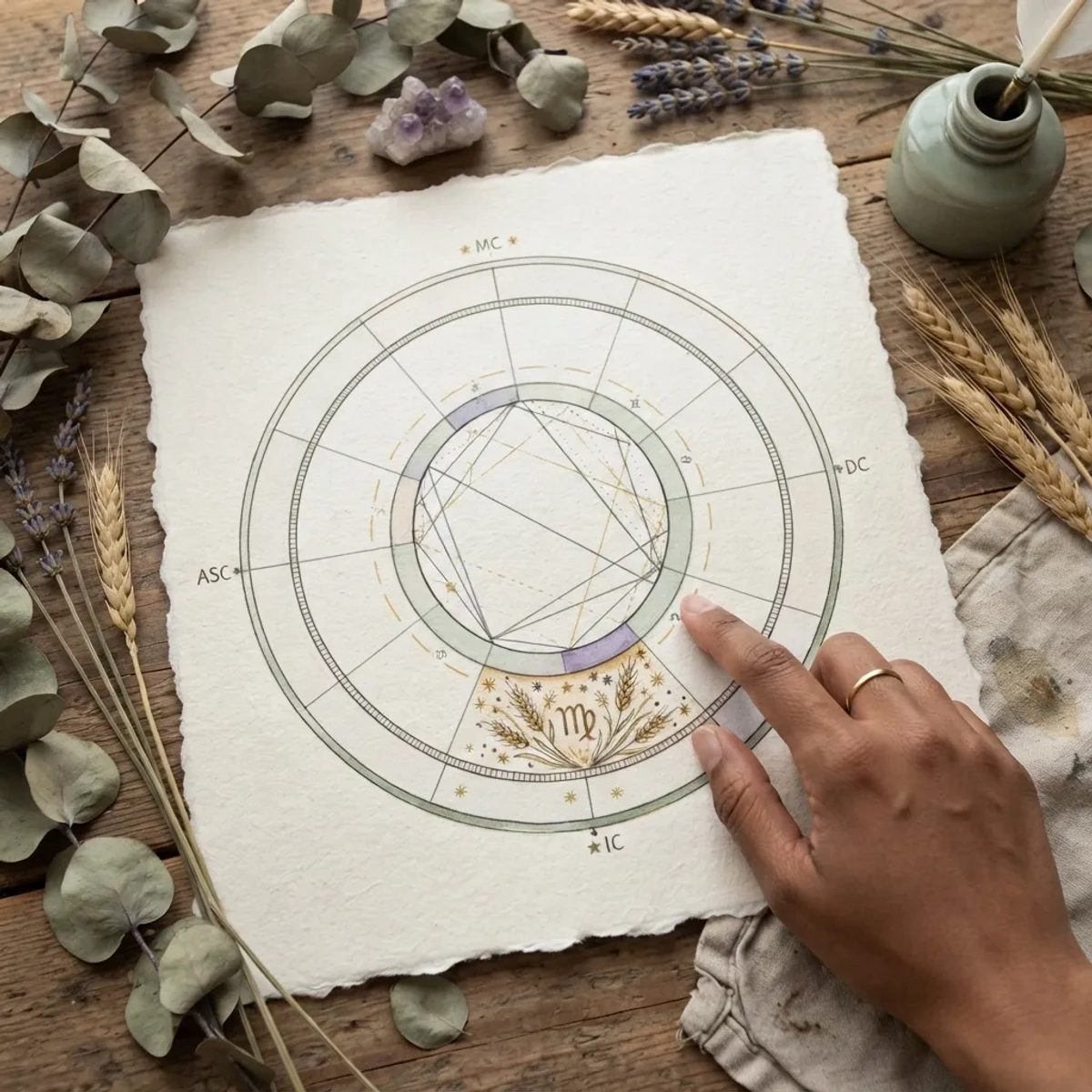 A hand points to the Virgo section of a hand-drawn astrological birth chart wheel surrounded by dried eucalyptus.