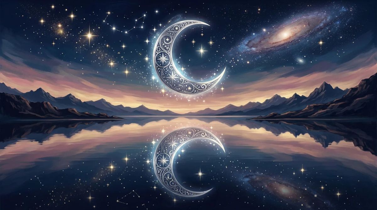 A balanced crescent moon reflected in calm water representing the Libra moon sign.