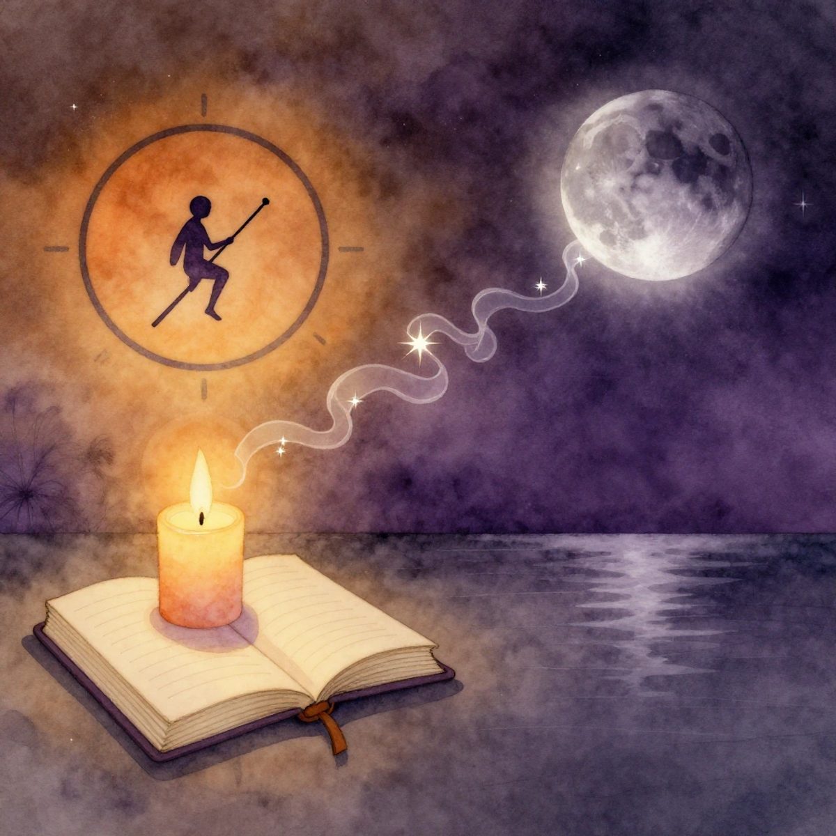 A figure skates beneath a glowing moon beside a lit candle and an open book.